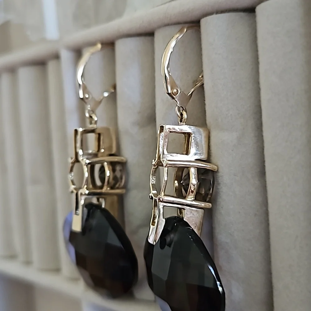 Vintage Smokey Topaz Diamond Accent Gold Drop Earrings - Picture 7 of 8